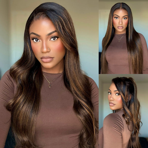 Klaiyi 13×4 Yaki Straight Balayage Highlight Lace Front Wig Put on and Go with Invisible Drawstring Human Hair Wigs