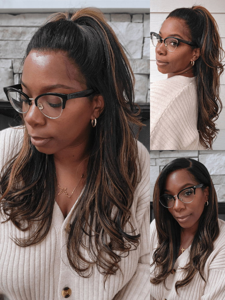 Perruque Klaiyi 13×4 Yaki Straight Balayage Highlight Lace Front, facile à poser grâce à son cordon de serrage invisible en cheveux humains. 