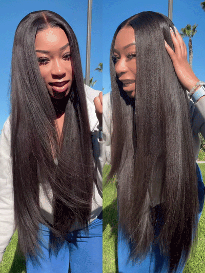 Perruque en dentelle sans colle Klaiyi Yaki Straight Put On and Go 7x5 Bye Bye Knots, cheveux humains 