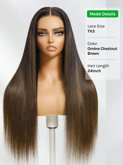 Klaiyi Ombre Chestnut Brown Yaki Straight Put On and Go Glueless Wig 7x5 Bye Bye Knots And 13x4 Lace Frontal Human Hair Wigs with Invisi Drawstring