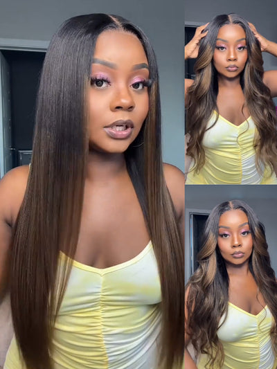 Klaiyi Ombre Chestnut Brown Yaki Straight Put On and Go Glueless Wig 7x5 Bye Bye Knots And 13x4 Lace Frontal Human Hair Wigs with Invisi Drawstring