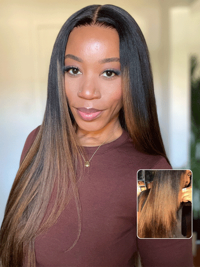 Klaiyi Ombre Chestnut Brown Yaki Straight Put On and Go Glueless Wig 7x5 Bye Bye Knots And 13x4 Lace Frontal Human Hair Wigs with Invisi Drawstring