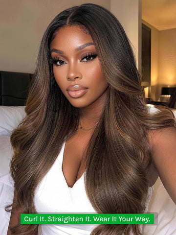 Klaiyi Ombre Chestnut Brown Yaki Straight 7x5 No-Slip Glueless Wig Put On & Go Human Hair Wigs with Invisi Drawstring