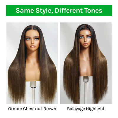 Klaiyi Ombre Chestnut Brown and Balayage Highlight Yaki Straight Put On and Go Glueless Wig 7x5 Bye Bye Knots And 13x4 Lace Frontal Human Hair Wigs with Invisi Drawstring