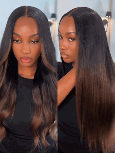 Klaiyi Ombre Chestnut Brown Yaki Straight Put On and Go Glueless Wig 7x5 Bye Bye Knots And 13x4 Lace Frontal Human Hair Wigs with Invisi Drawstring