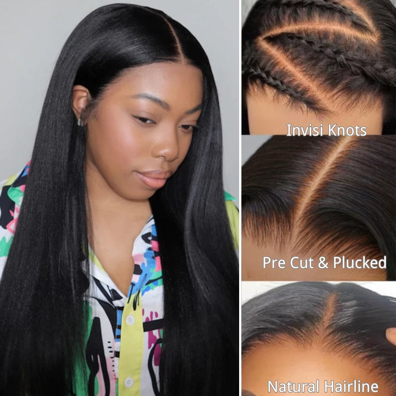 Klaiyi Yaki Straight Put On and Go Glueless Lace Wigs 7x5 Bye Bye Knots/5x5 HD Pre-cut Human Hair Lace Wig