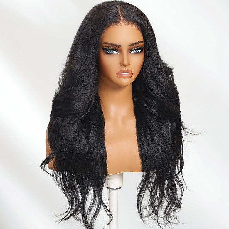 Klaiyi Bye Bye Knots 7x5 Yaki Wavy Bye Bye Knots Wig Soft Flip Out Bang Curl Style Put on and Go Glueless Human Hair Wigs