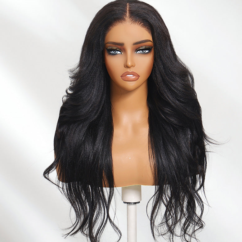 Klaiyi Bye Bye Knots 7x5 Yaki Wavy Bye Bye Knots Wig Soft Flip Out Bang Curl Style Put on and Go Glueless Human Hair Wigs