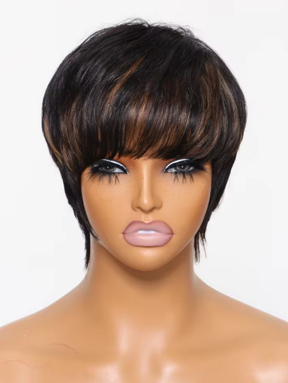 Down To $39 | Klaiyi Short Bob Wigs with Bang Pixie Cut Human Hair Wig Machine Made Natural Black Color Glueless Human Hair Wig Flash Sale