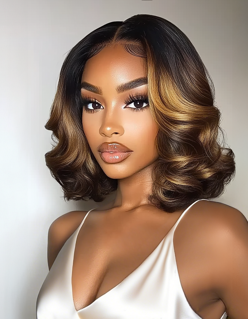 Klaiyi Balayage Brown French 13×4 Pre Everything Shoulder Length Loose Bob Lace Frontal Wig Put On and Go With Invisi Drawstring