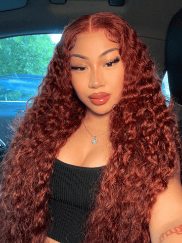 Klaiyi Reddish Brown Water Wave 7x5 Glueless Human Hair Lace Wig Put On & Go