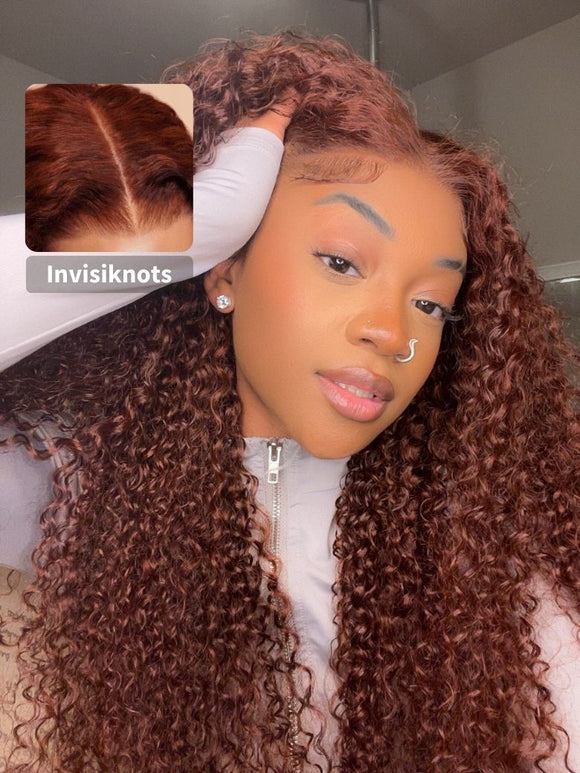 Perruque Klaiyi Afro Kinky Curly Reddish Brown, densité 180%, 13x4, pré-assemblée avec une frontale invisible et un cordon de serrage, sans colle. 