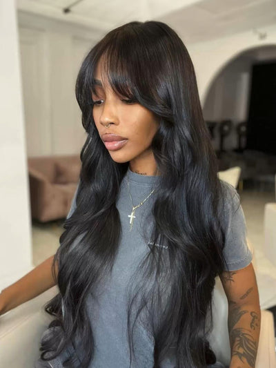 Klaiyi Yaki Straight Human Hair Glueless Wig with Blunt Cut Bangs Natural Black Color