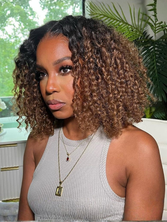 Perruque Klaiyi EasiContour™ bouclée en V, couleur châtain ombré, sans colle, cheveux humains