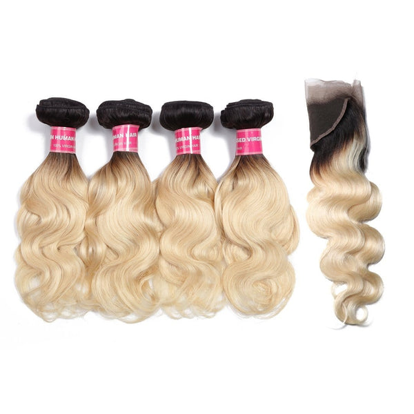 Klaiyi 1B/613 Body Wave Ombre Hair 4 Bundles with 13*4 Frontal Closure, 2 Tone Color Human Hair Weave Extensions For Sale