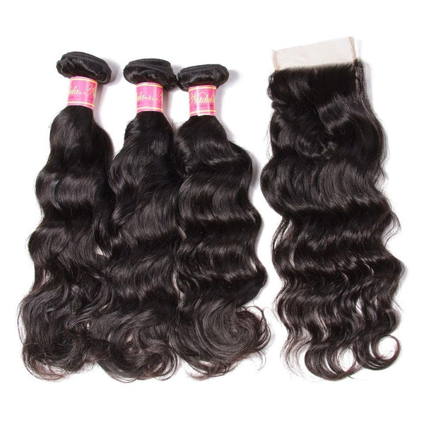 8A Grade Indian Natural Wave Human Hair Weave 3 Bundles with Free Part Lace Closure,4*4-Klaiyi Hair