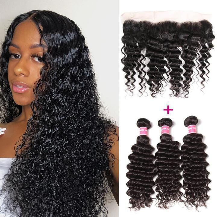 Brazilian Deep Wave 3 Bundles with Lace Frontal Closure, 13*4 Ear to Ear, 100% Virgin Hair-Klaiyi