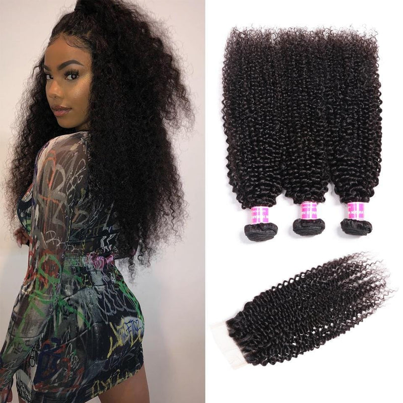 Klaiyi Hair Brazilian Kinky Curly Hair 3 Bundles with 4*4 Lace Closure 100% Virgin Human Hair Weave