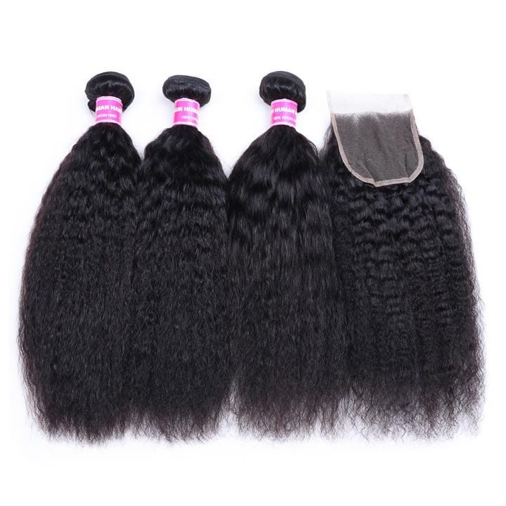 Klaiyi Hair Malaysian Kinky Straight Hair 3 Bundles with 4*4 Lace Closure 100% Human Hair Weaving