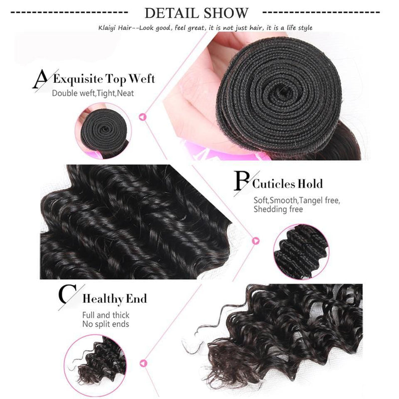 Indian Deep Wave 3 Bundles with 13*4 Ear to Ear Lace Frontal Closure Deals-Klaiyi Hair