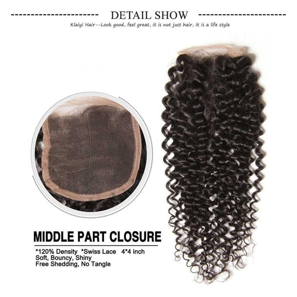 Klaiyi 4 Bundles Peruvian Jerry Curly Hair Weave Bundles with 4*4 Lace Closure, 7a Grade, 100% Human Hair