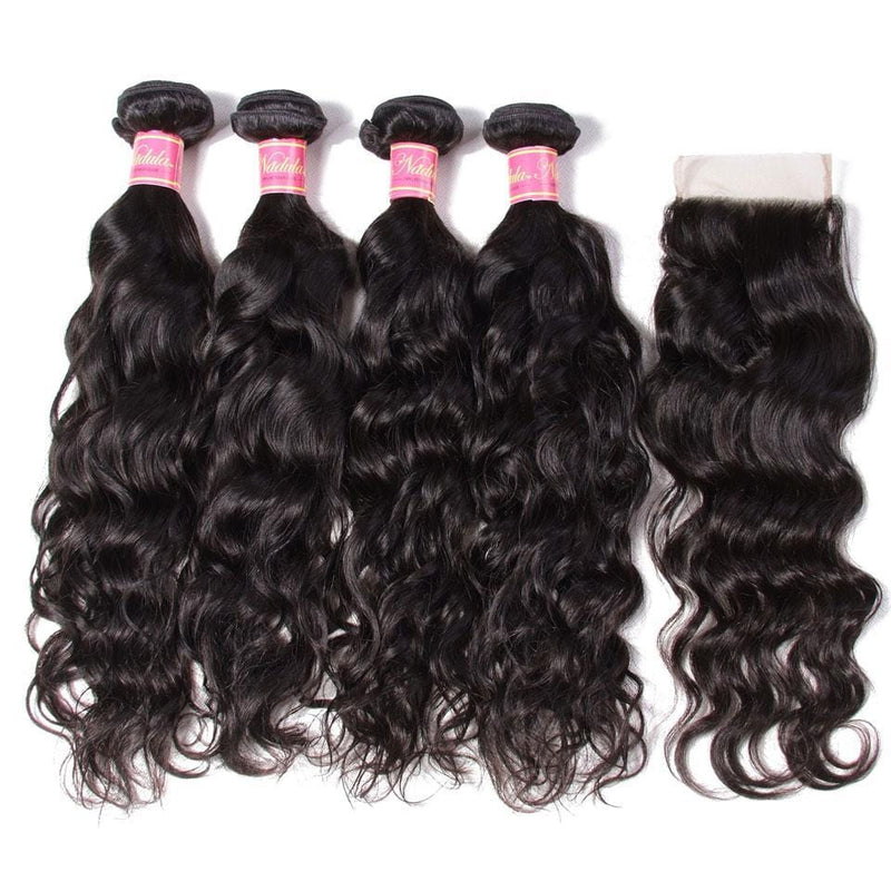 Malaysian Natural Wave 4 Bundles with Lace free Part Closure, 7A Grade Virgin Human Hair Weaves- Klaiyi Hair