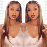 Klaiyi Honey Blonde Highlight Color Straight Hair Lace Front Wigs with Baby Hair Human Hair Wigs