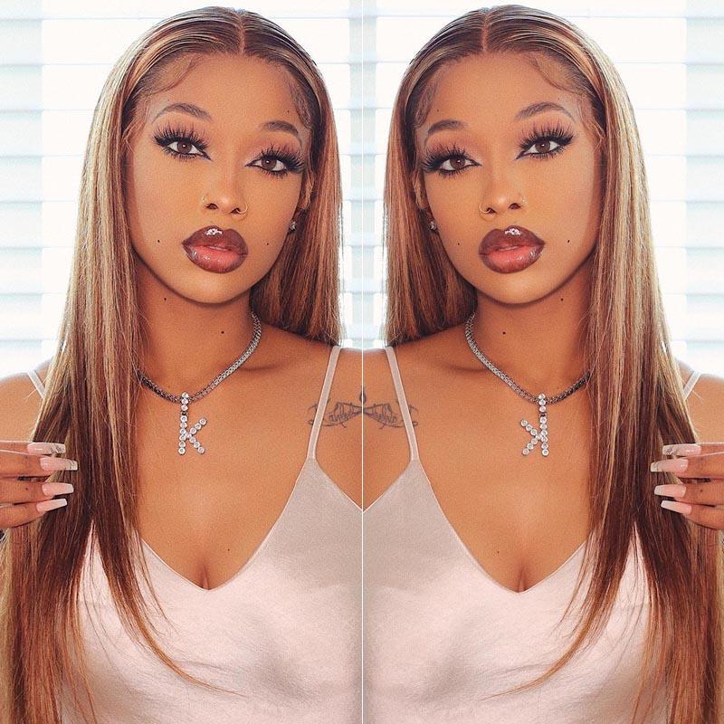 Klaiyi Honey Blonde Highlight Color Straight Hair Lace Front Wigs with Baby Hair Human Hair Wigs