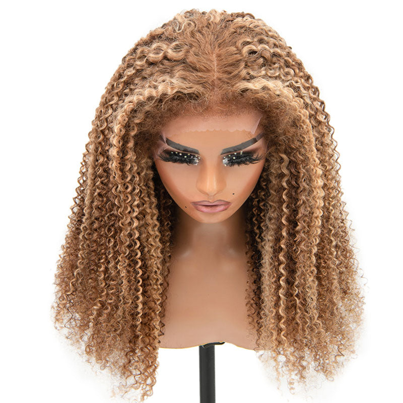 Klaiyi Pre-Cut Highlight Blonde Kinky Curly Wig 13x4 Lace Frontal Wig Flash Sale