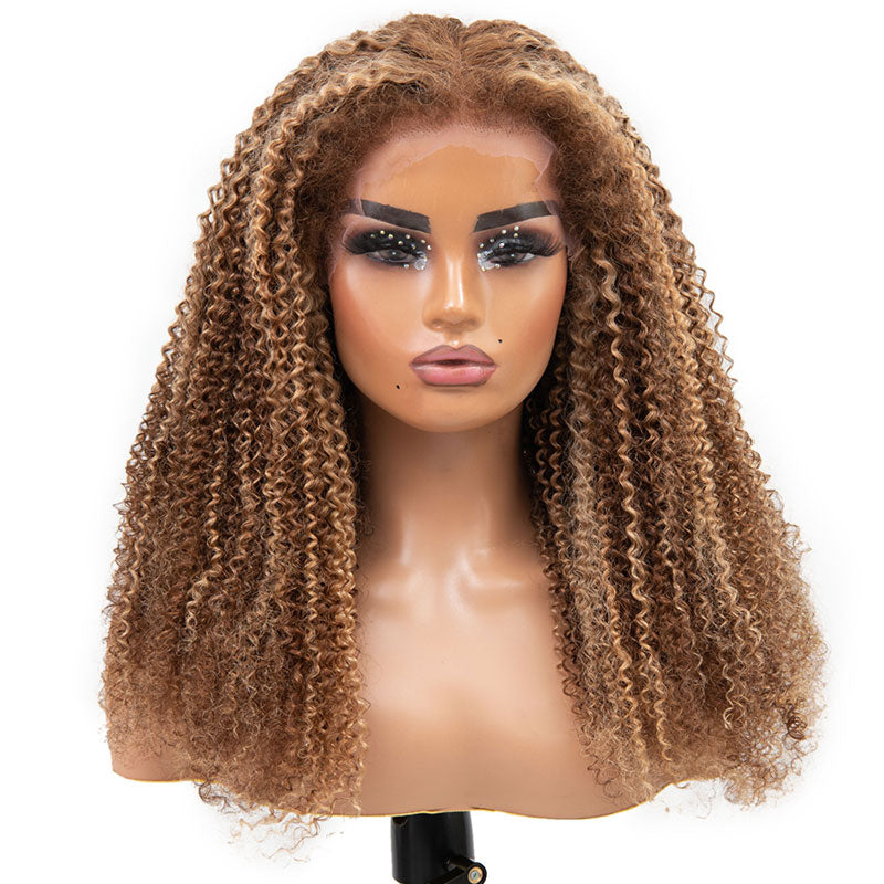 Klaiyi Pre-Cut Highlight Blonde Kinky Curly Wig 13x4 Lace Frontal Wig Flash Sale
