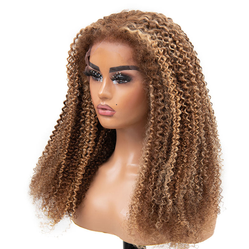Klaiyi Pre-Cut Highlight Blonde Kinky Curly Wig 13x4 Lace Frontal Wig Flash Sale