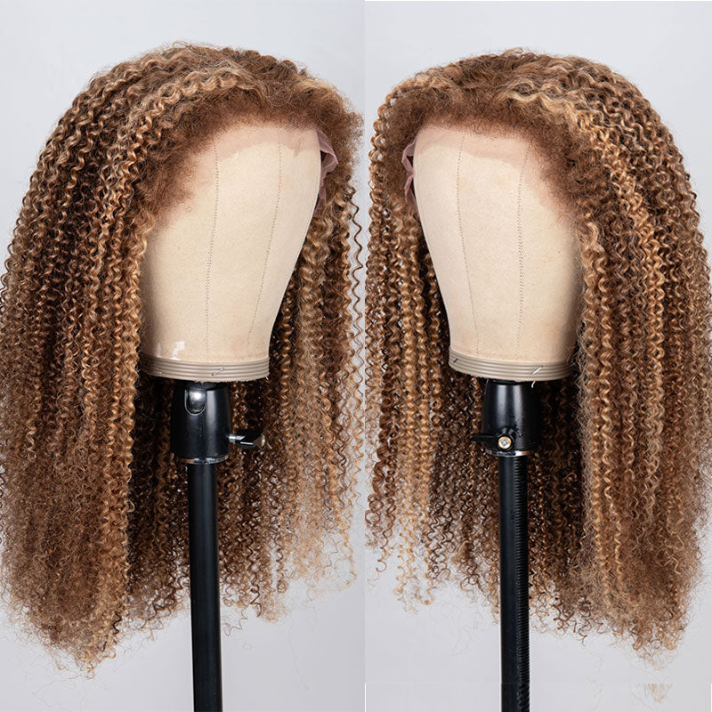 Klaiyi Pre-Cut Highlight Blonde Kinky Curly Wig 13x4 Lace Frontal Wig Flash Sale