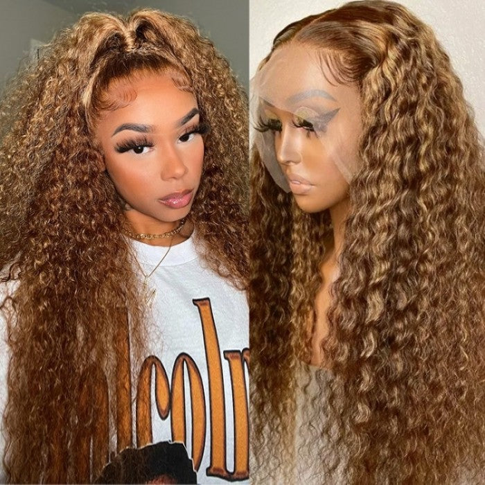 Klaiyi Honey Blonde Highlight Lace Front Wigs Jerry Curly 180% Density Flash Sale