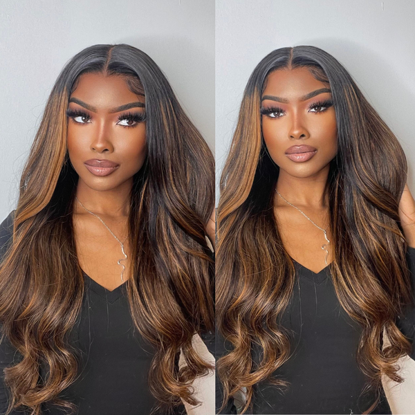 $100 OFF | Code: SAVE100 Klaiyi Dark Root Brown Balayage Highlight Body Wave Lace Front Wig