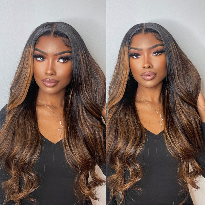 $100 OFF | Code: SAVE100 Klaiyi Dark Root Brown Balayage Highlight Body Wave Lace Front Wig