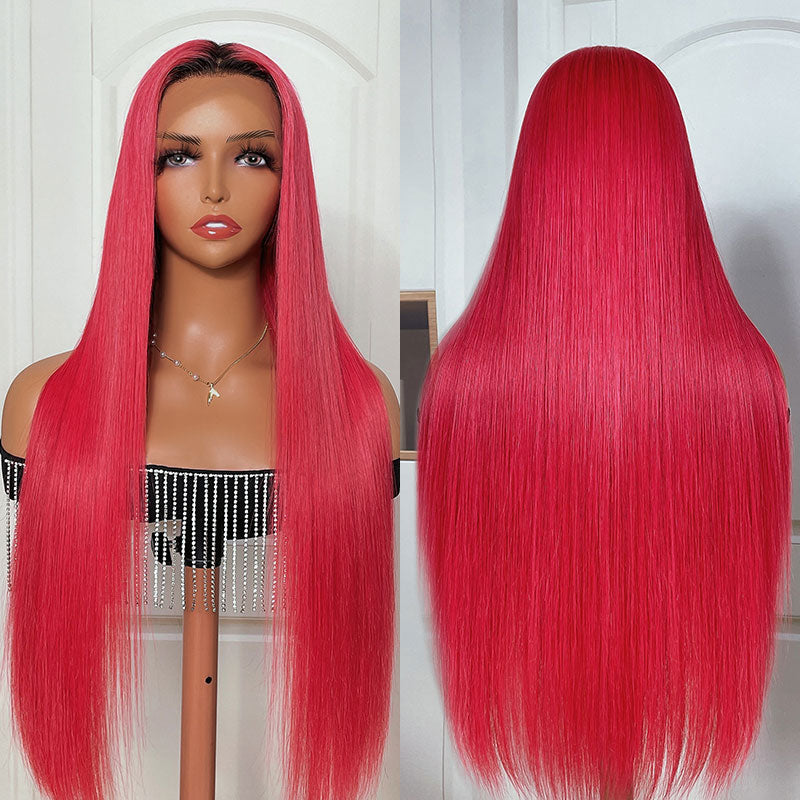 Klaiyi Rose Pink Lace Front Human Hair Wigs with Black Roots 13x4 Lace Front Wig