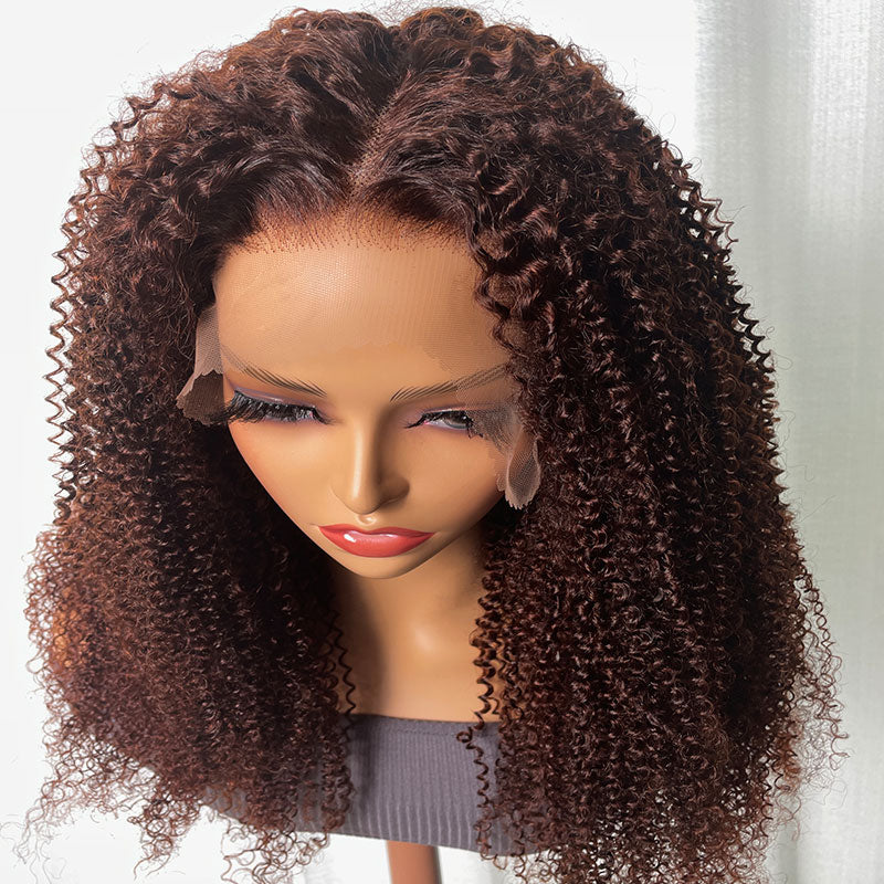 Klaiyi 13x4  Lace Frontal Wig Kinky Curly Auburn Brown Color