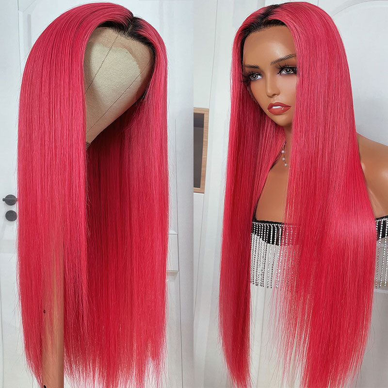 Klaiyi Rose Pink Lace Front Human Hair Wigs with Black Roots 13x4 Lace Front Wig