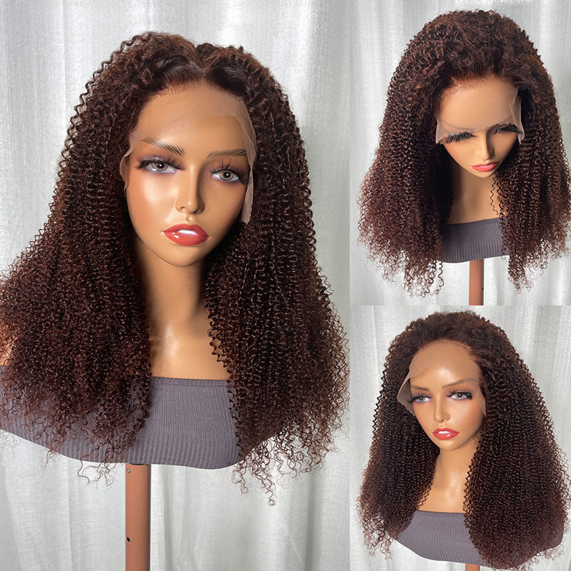 Buy 1 Get 1 Free,Code:BOGO | Klaiyi Auburn Brown Color 13x4 Glueless Lace Frontal Wig Kinky Curly Human Hair