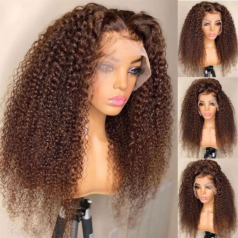 Klaiyi 13x4  Lace Frontal Wig Kinky Curly Auburn Brown Color