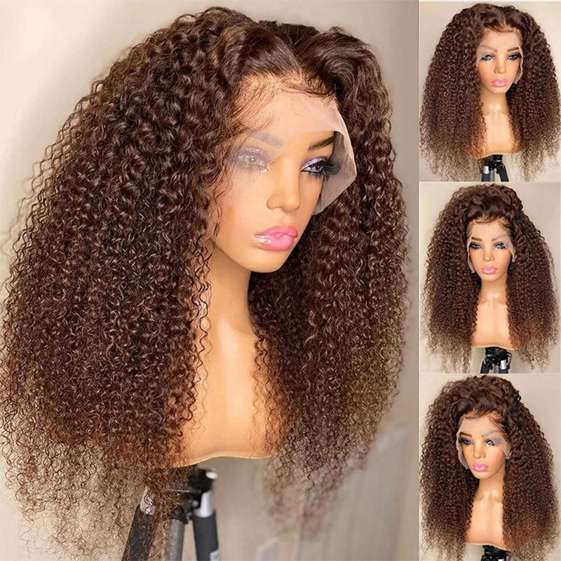 Klaiyi Auburn Brown Color 13x4 Glueless Lace Frontal Wig Kinky Curly Human Hair Flash Sale