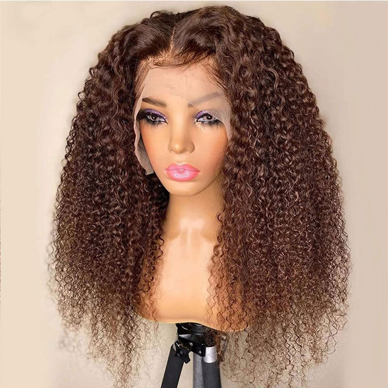 Buy 1 Get 1 Free,Code:BOGO | Klaiyi Auburn Brown Color 13x4 Glueless Lace Frontal Wig Kinky Curly Human Hair