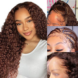 Buy 1 Get 1 Free,Code:BOGO | Klaiyi Auburn Brown Color 13x4 Glueless Lace Frontal Wig Kinky Curly Human Hair