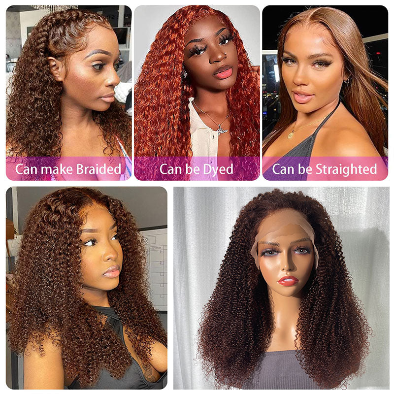 Buy 1 Get 1 Free,Code:BOGO | Klaiyi Auburn Brown Color 13x4 Glueless Lace Frontal Wig Kinky Curly Human Hair