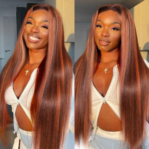 Klaiyi Mixed Ginger Orange Lace Front Wigs Straight Dimensional Copper Highlights Human Hair