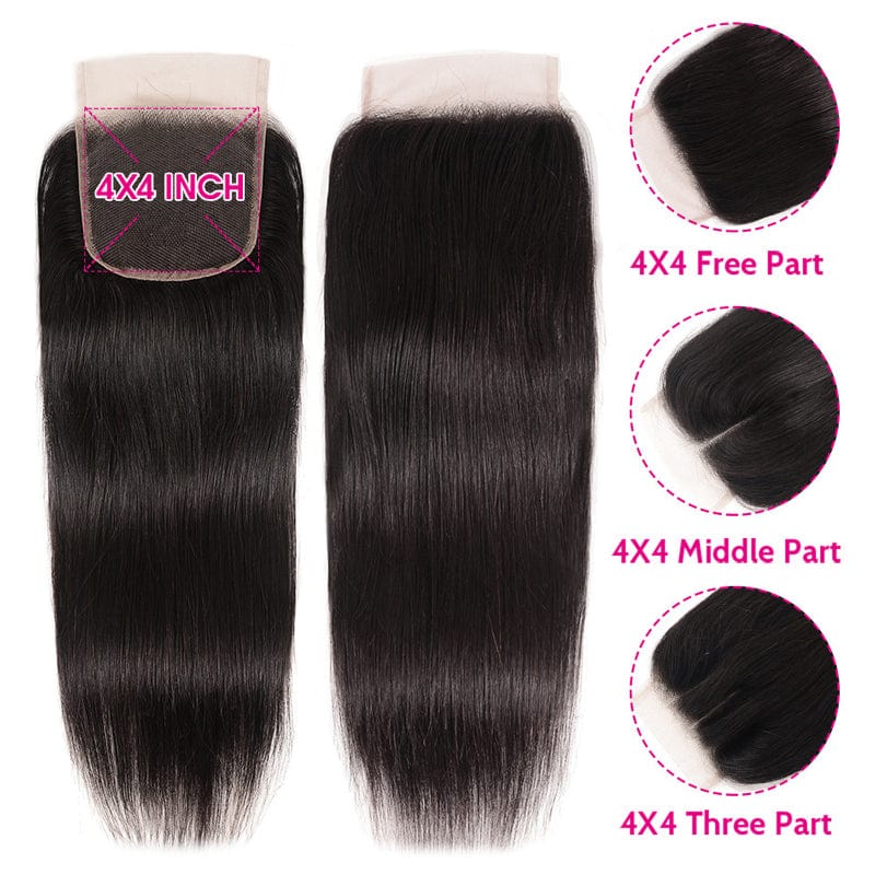 Klaiyi 8A Malaysian Straight Virgin Hair 3 Bundles with 4x4 Lace Closure
