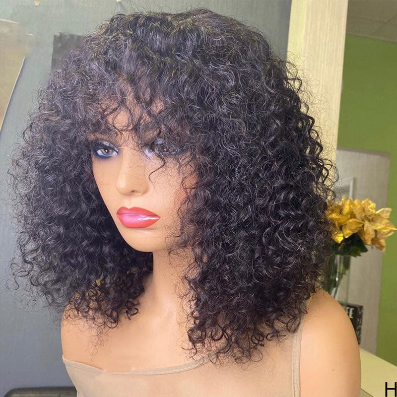 Klaiyi  70% Off Flash Sale Bouncy Curl Wig with Bangs Glueless Affordable Short Human Hair Wigs For Women