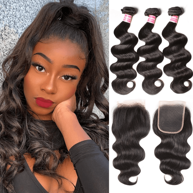 Klaiyi Brazilian Hair Body Wave Virgin Human Hair 3Bundles with 1pc Lace Closure