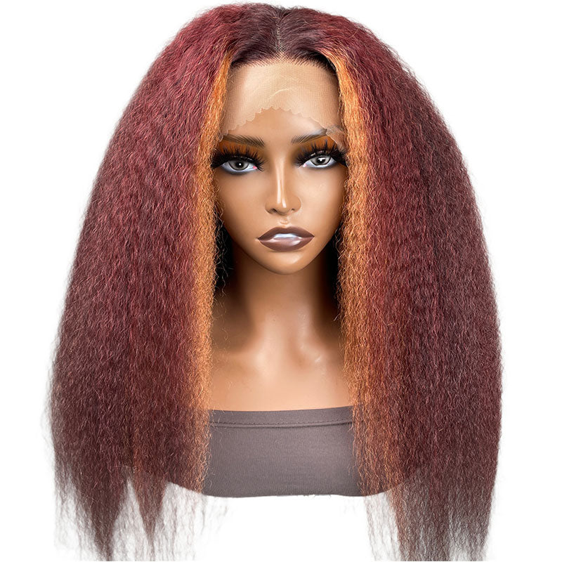 Klaiyi Burgundy Highlight Kinky Straight Wig with Orange Stripes Lace Front Wig