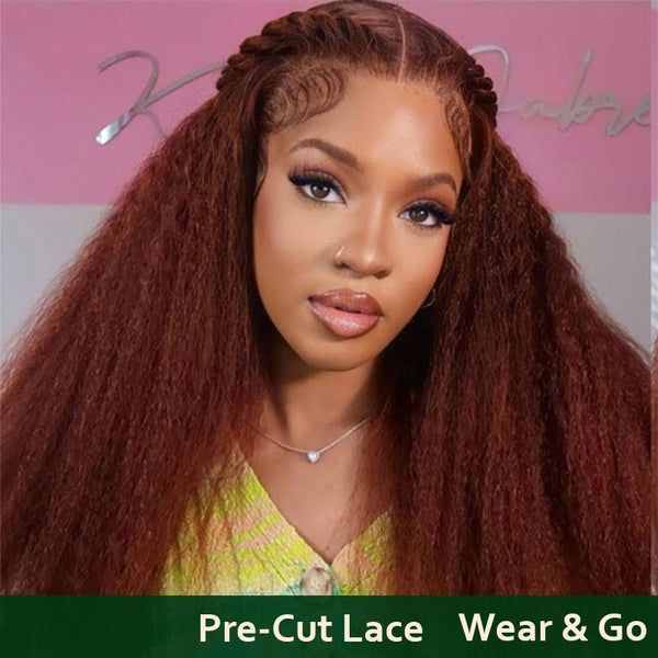 $100 OFF Full $101| Pre Cut Put On and Go  Kinky Straight Or Jerry Curly Reddish Brown Lace Closure Wig